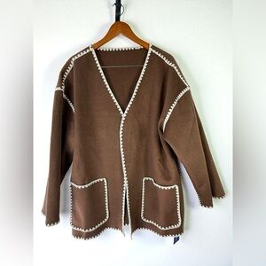 Brown wool blend Open Front jacket coat Cardigan with White Trim Size L